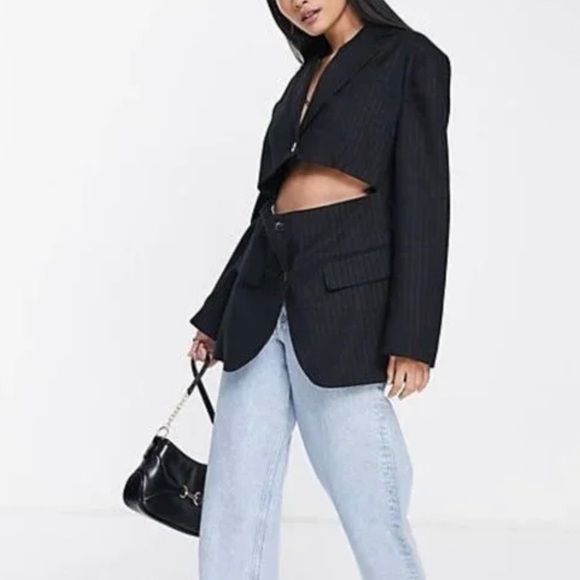 Topshop Deconstructed Pinstripe Blazer in Black - Picture 3 of 12